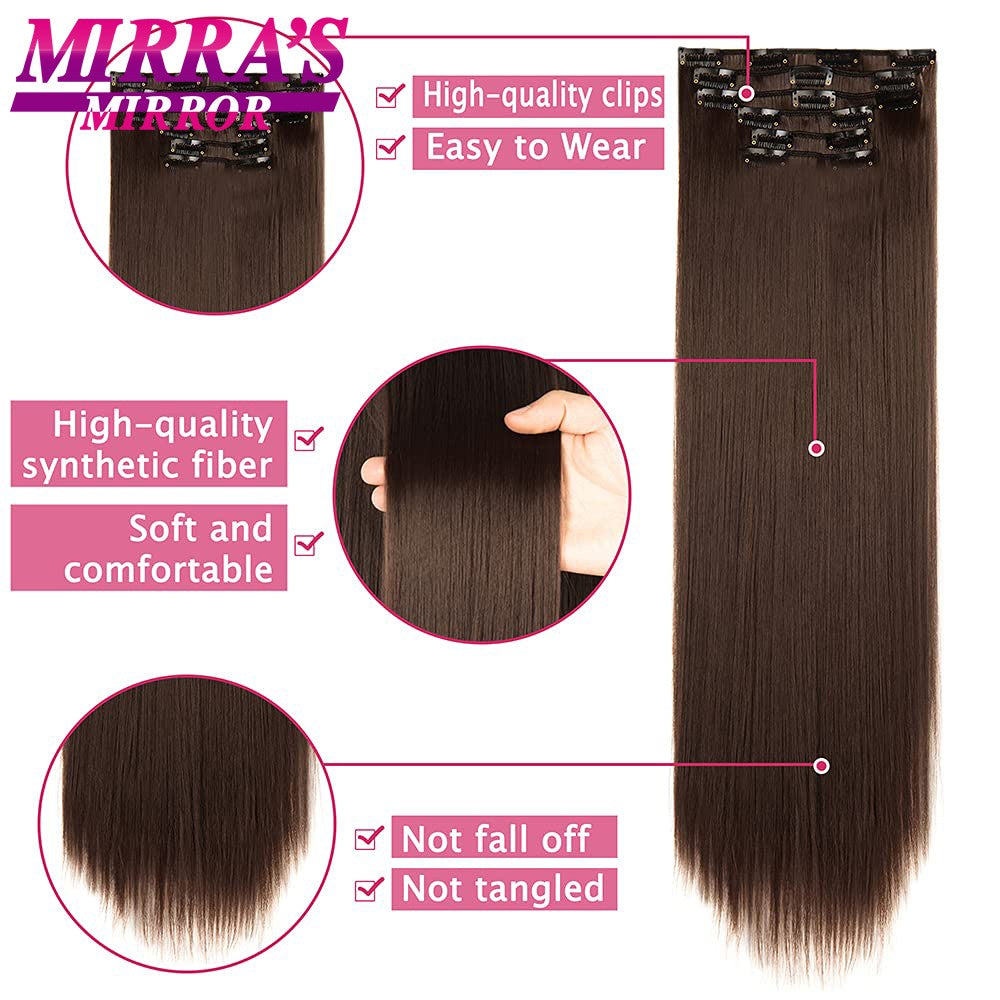 16 Presilhas em Extensões de Cabelo 60cm de Comprimento Liso Sintético Loiro Preto Peças de Cabelo Resistente ao Calor Cabelo Falso 6 Peças/Conjunto