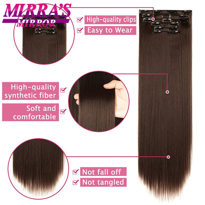 16 Presilhas em Extensões de Cabelo 60cm de Comprimento Liso Sintético Loiro Preto Peças de Cabelo Resistente ao Calor Cabelo Falso 6 Peças/Conjunto