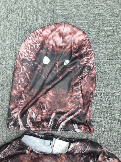 Kids Terrifying Texture Print Full Body Jumpsuit With Hood Long Sleeve Tight Outfit For Dark Thriller Themed Party Costume