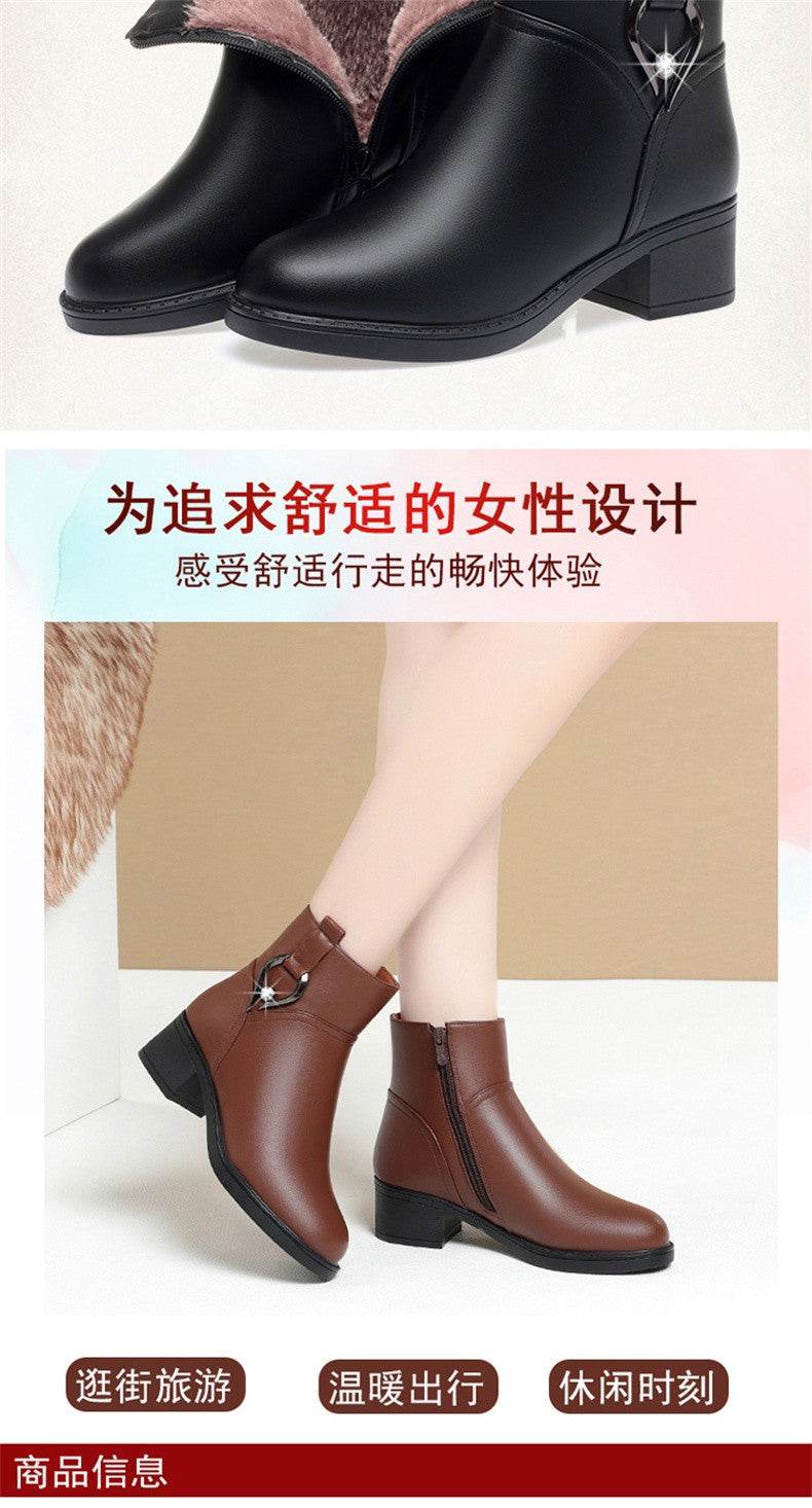 Women's Winter Waterproof Fashion Soft Leather Ankle Boots Mom Thick Plush Warm Cotton Shoes Thick Heel Platform Boots