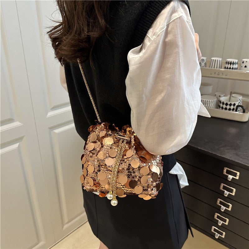Sequin Chain Women's Portable Bucket Shoulder Bags Retro Ladies Dinner Party Clutch Purse Luxury Design Female Crossbody Bag