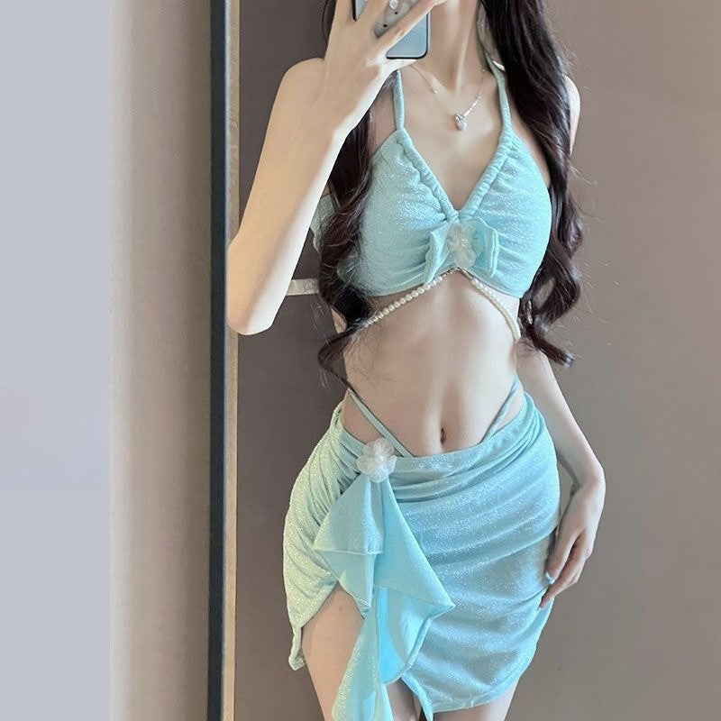 3 Piece Pearl Fringe Bikini Set Women's Separate Swimsuit Slimming Bathing Suit for Hot Spring Vacation Style Beach Pool Party