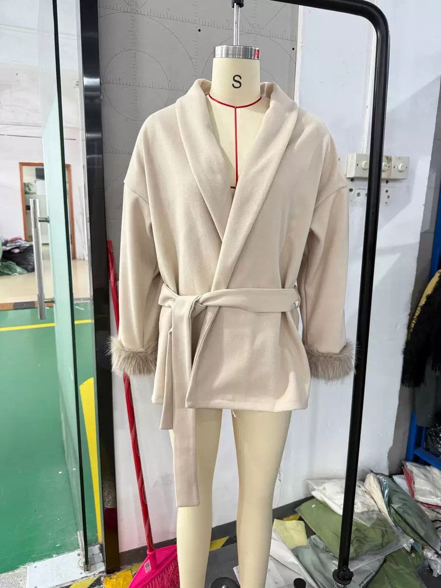 American Fashionable V-neck Lapel Furry Sleeves Lace-up Long-sleeved Woolen Coat Elegant Lace-up Long-sleeved Wool Coat