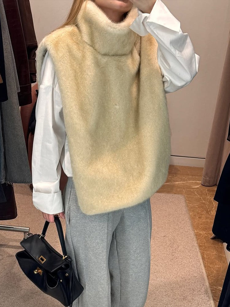 Women Solid Faux Fur Vest Crop Top Fashion Turtleneck Fluffy Short Tank Tops 2025 Winter Lady Elegant Sleeveless Jacket Coat