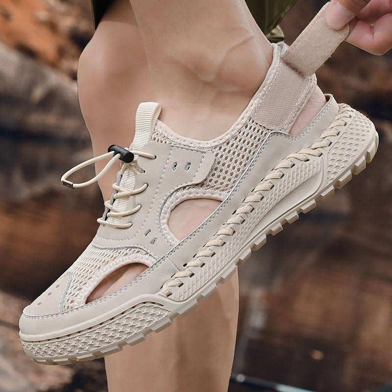 Sandals men's tide summer new style leather toe cap outdoor leisure sports hollow sandals beach shoes Handmade mesh men shoes