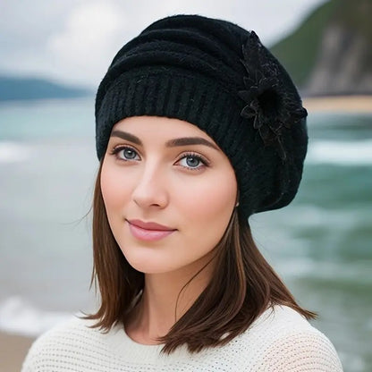 Women's Winter Flower Decorated Hat - Warm Knitted Wool Beanie with Floral Design, Soft Breathable Natural Material for Mom