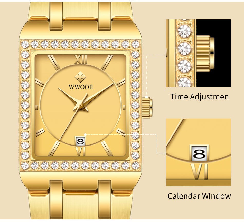 WWOOR Top Brand Luxury New Ladies Diamond Watch Fashion Square lady Wrist Watch Simple Women Dress Small Watch Relogio Feminino