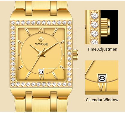 WWOOR Top Brand Luxury New Ladies Diamond Watch Fashion Square lady Wrist Watch Simple Women Dress Small Watch Relogio Feminino