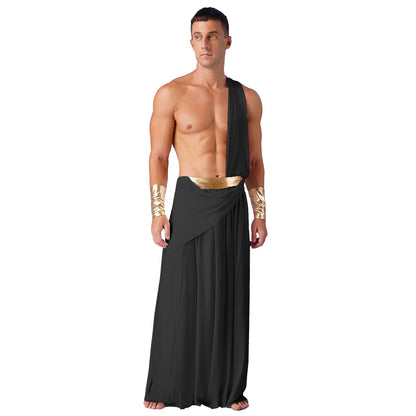 Mens Ancient Greek God Toga Gladiator Costume Roman Emperor One Shoulder Sleeveless Robe Halloween Medieval Warrior Dress Up