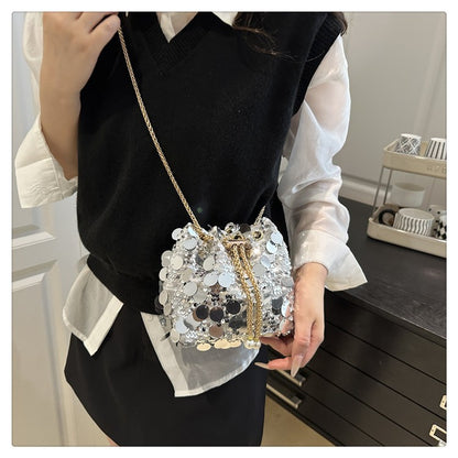 Sequin Chain Women's Portable Bucket Shoulder Bags Retro Ladies Dinner Party Clutch Purse Luxury Design Female Crossbody Bag