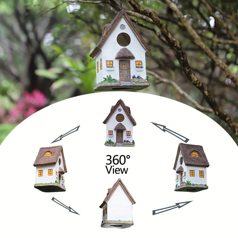 Casa de Pássaro Rústica para Jardim, Resina ABS Durável com Telhado de Madeira. Ideal para Observação de Pássaros e Decoração Externa. Não Precisa de Bateria.