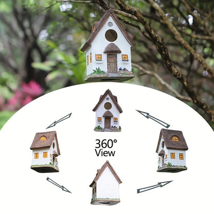 Casa de Pássaro Rústica para Jardim, Resina ABS Durável com Telhado de Madeira. Ideal para Observação de Pássaros e Decoração Externa. Não Precisa de Bateria.