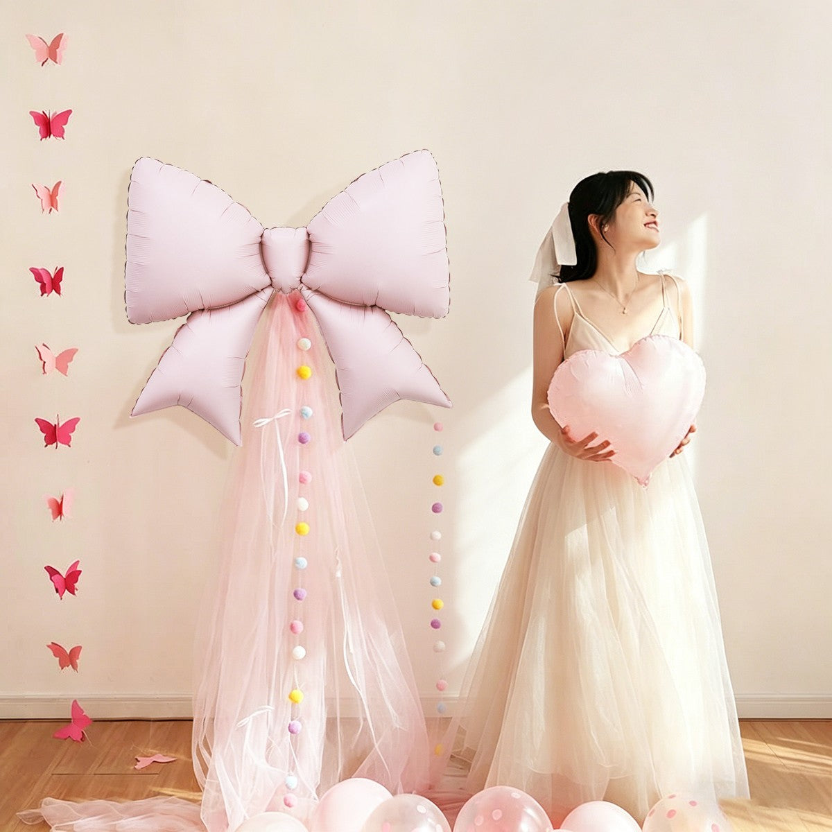2pcs pink bow balloons princess style theme set, birthday, wedding, anniversary, bachelor party, gender reveal