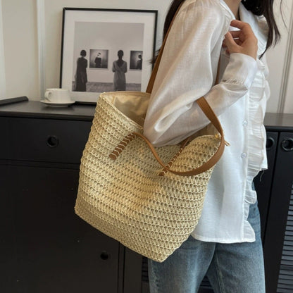 Fashionable and Versatile Women's Woven Bag with Zipper for Travel, Large Capacity Beach Bag, Handbag