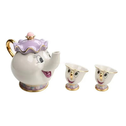 Bule de Chá Bela e a Fera Disney Fofo Desenho Animado Cafeteira Caneca Sra Potts Xícara Zip Bules de Chá Conjunto de Xícaras Decoração de Casa Enfeite Presente