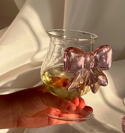 Taça Decorativa de Vidro com Laço Grande Rosa Copo de Vidro Taça de Vinho com Alça de Laço Copos Resistentes ao Calor Tigela de Sobremesa e Sorvete de Alto Borossilicato