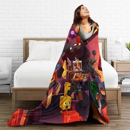 Cartoon Mines Pixel Game Crafts Flannel Blanket Super Warm Throw Blanket for Home Decor Decorative Street Trend Bedspread