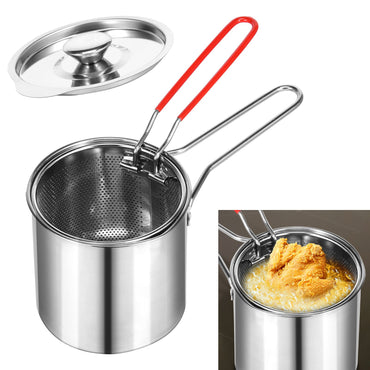Deep Fryer with Strainer Basket and Handle Stainless Steel Fry Pot Food Grade Outdoor Fryer with Lid Portable Food Cooking Pot