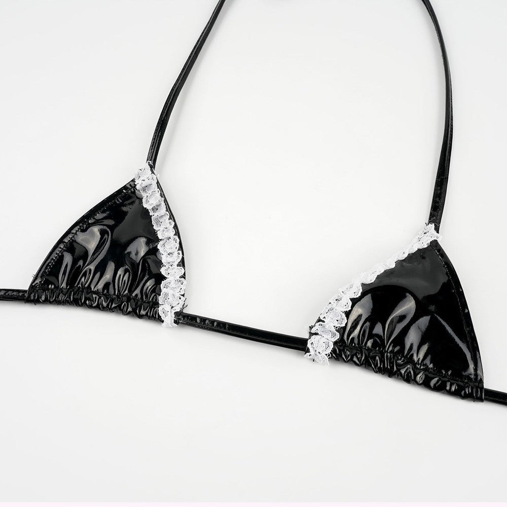 Cute lolita Bikini Sets Black Maid Bathing Suits Leather Bra With Lace Underwear Low Waist Swimsuit
