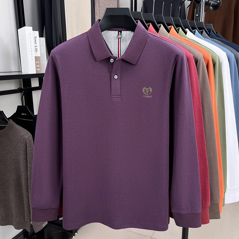 100% pure cotton spring and autumn fashionable men's lapel striped long sleeved polo shirt brand letter V relief design casual T