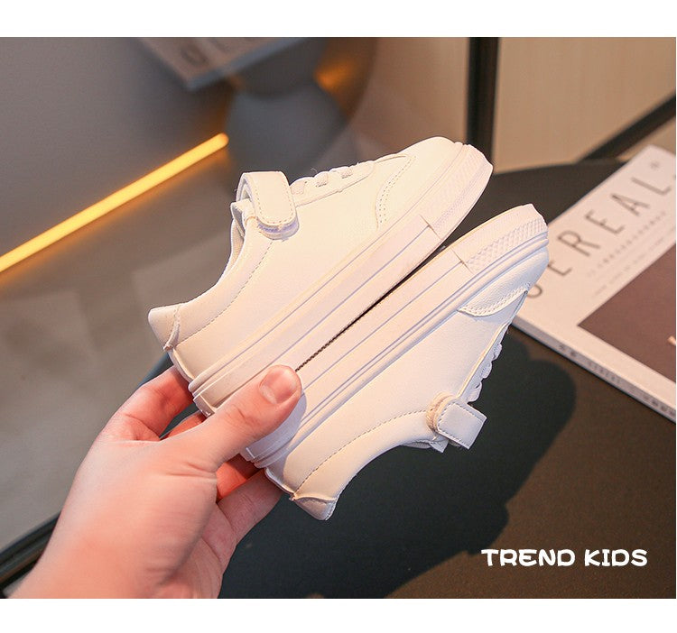 Children Casual Shoes White Pu Leather Plain Design School Kids Sneakers Unisex All-match 26-36 Four Seasons Boys Girls Shoes
