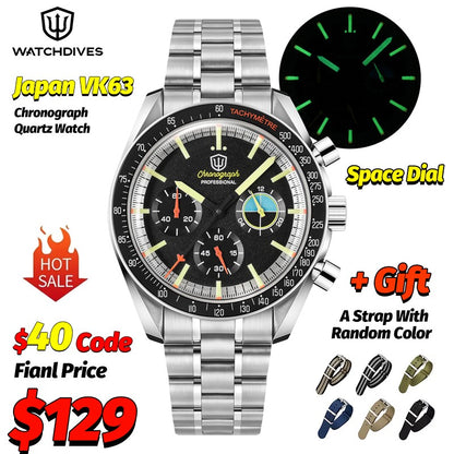 Watchdives WD1863 Mechanical Quartz Watches Black Spaces VK63 Chronograph Sports Watches Man Bubble Sapphire Waterproof Watch