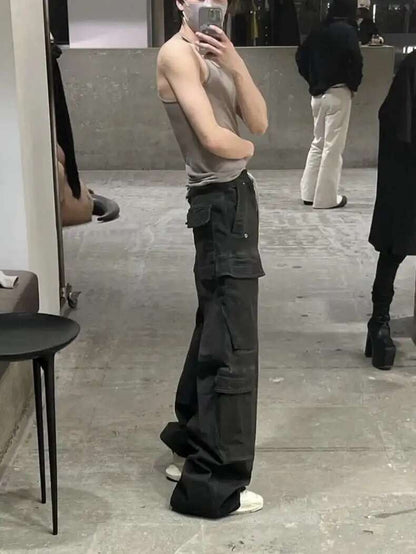 PFNW High Street Drawstring Zipper Sliced Wide Leg Cargo Pants Msn's Casual Loose Straight Trousers Loose Denim Pants 28W5963