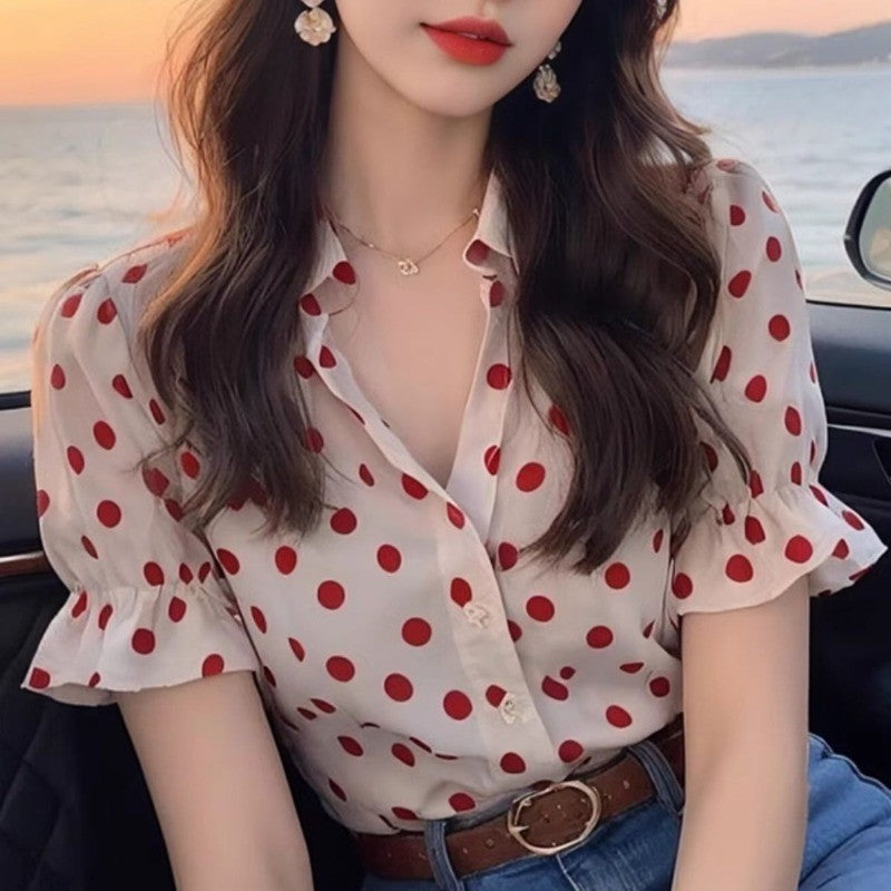 Ladies Fashion Loose Simplicity Elegant Trend Vintage Women's Shirt Buttons Polka Dot Flare Sleeve Temperament Short Sleeve Top