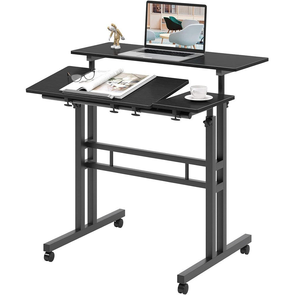 Mobile Desk With Folding Table Top, Height Adjustable Computer PC Table Workstation Laptop Stand with Rollers for Home Office
