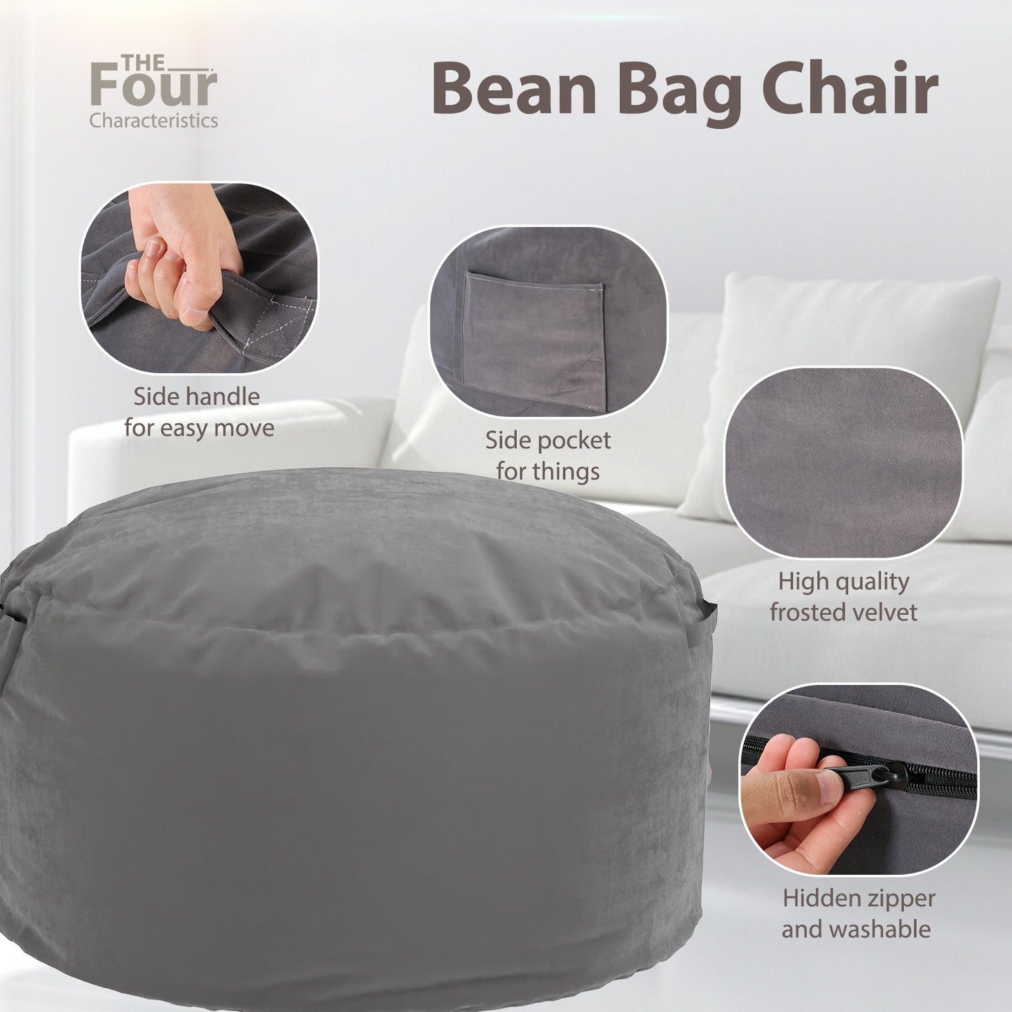 JHK Oversized 3/4FT Bean Bag Chair for Gaming Reading Lazy Sofa Foam Filled Couch with Removable Cover Living Room Furniture