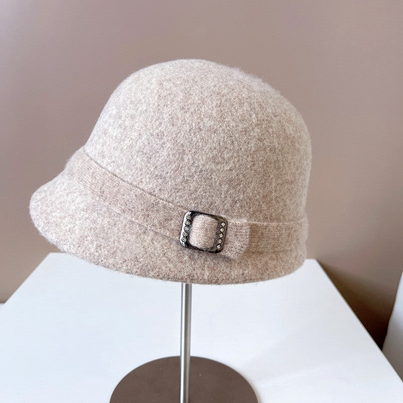 Chapéu de Lã Japonês Feminino Outono Inverno Quente de Tricô Fivela de Diamante Fita Chapéu de Pescador Chapéu de Bacia Pequena Frente e Verso