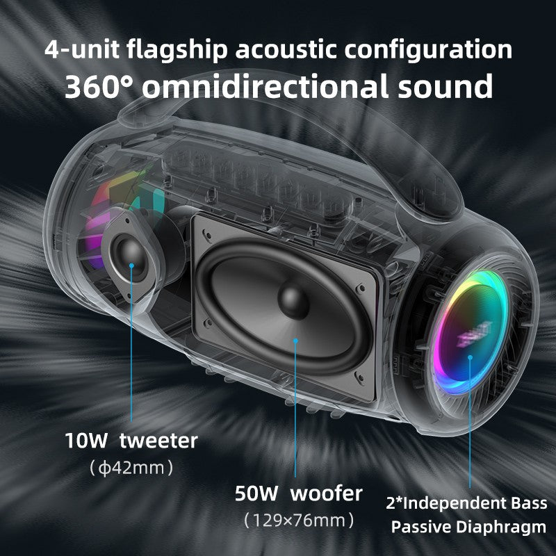 Caixa de Som Portátil Bluetooth Zealot P12 60W com IPX6 à Prova d'Água, Alça Confortável, Iluminação Controlável, TWS, AUX