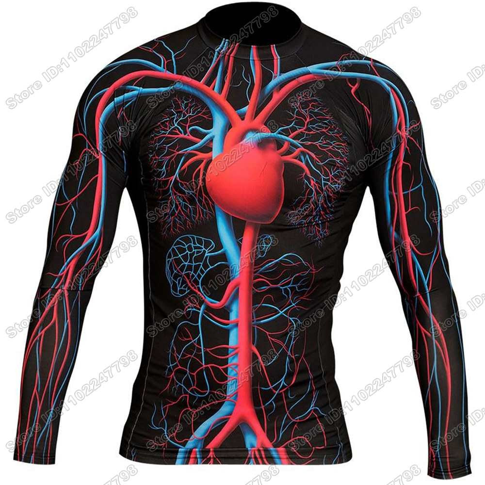 Human Circulatory System Rash Guard Jiu Jitsu BJJ MMA T-shirt Compression Shirt Long Sleeve Surfing Jersey Beach Diving Tops
