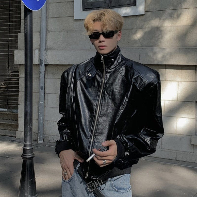 Stand Up Collar Design PU Leather Jacket Men's Retro Shoulder Pad Motorcycle Short Jacket Top