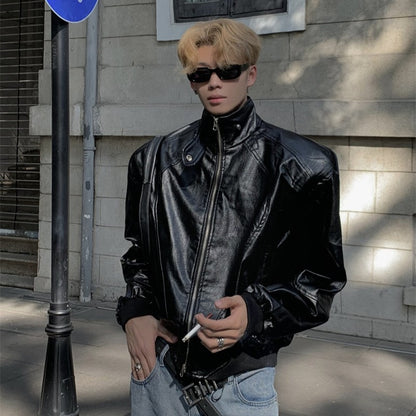 Stand Up Collar Design PU Leather Jacket Men's Retro Shoulder Pad Motorcycle Short Jacket Top