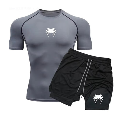 Men Compression Athletic Fitness Wear - Quick-Dry Tight Short-Sleeve Anime Double-Layer Shorts Summer Set Fitness Running Set