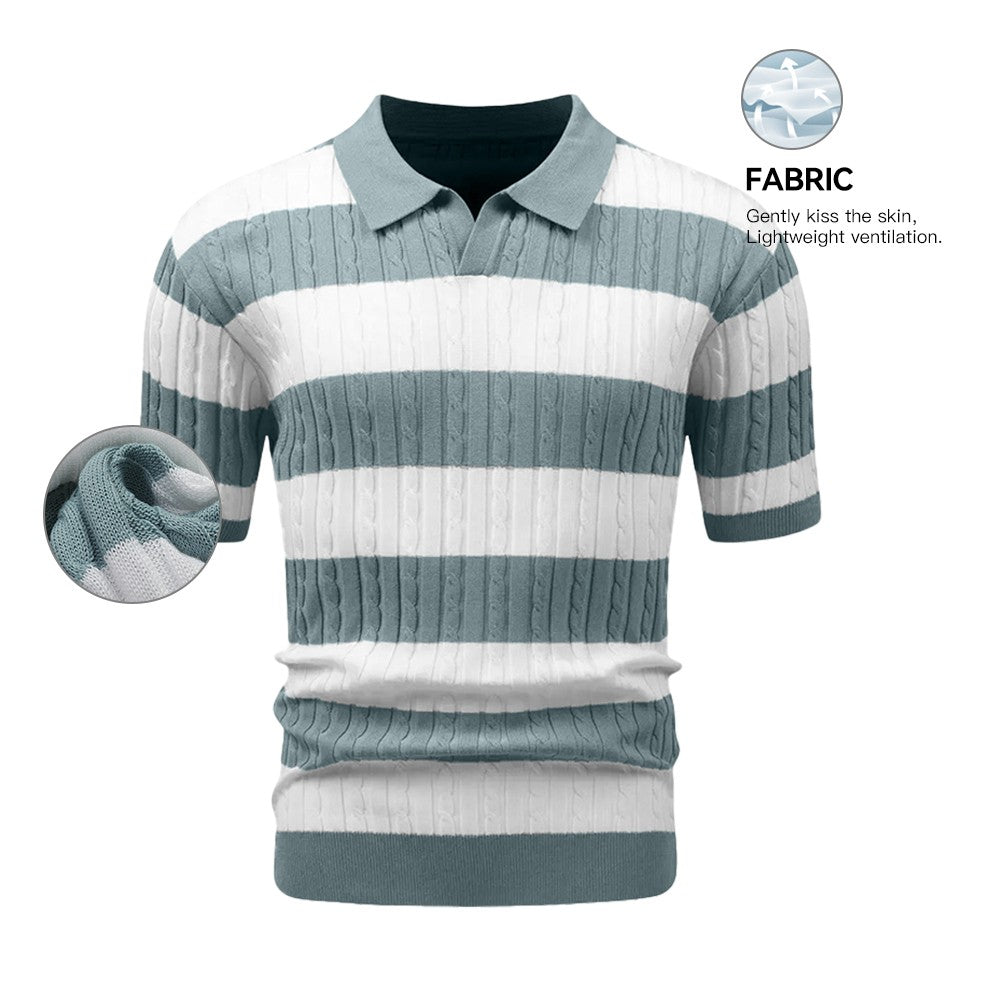 Men's Polo Short Sleeve Retro Knit Lapel Striped Short Sleeve Fashion Popular Knitwear Casual Breathable Top US Size
