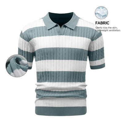 Men's Polo Short Sleeve Retro Knit Lapel Striped Short Sleeve Fashion Popular Knitwear Casual Breathable Top US Size