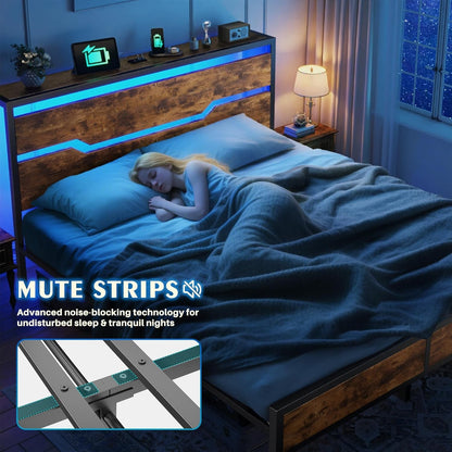 Queen Bed Frame with Headboard,Queen Size Bed Frame with LED Lights & Charging Station & 13" Under Bed Storage, All-Meta