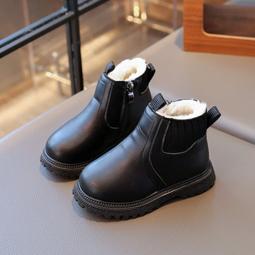 21-30 Kids Ankle Boots for Little Boys Girls Thermal Snow Boots Fashion PU Leather Children Short Rubber Boots with Thick Plush