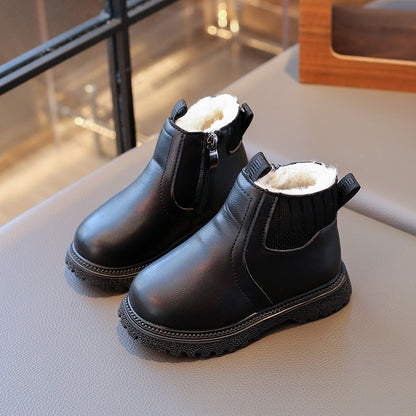 21-30 Kids Ankle Boots for Little Boys Girls Thermal Snow Boots Fashion PU Leather Children Short Rubber Boots with Thick Plush