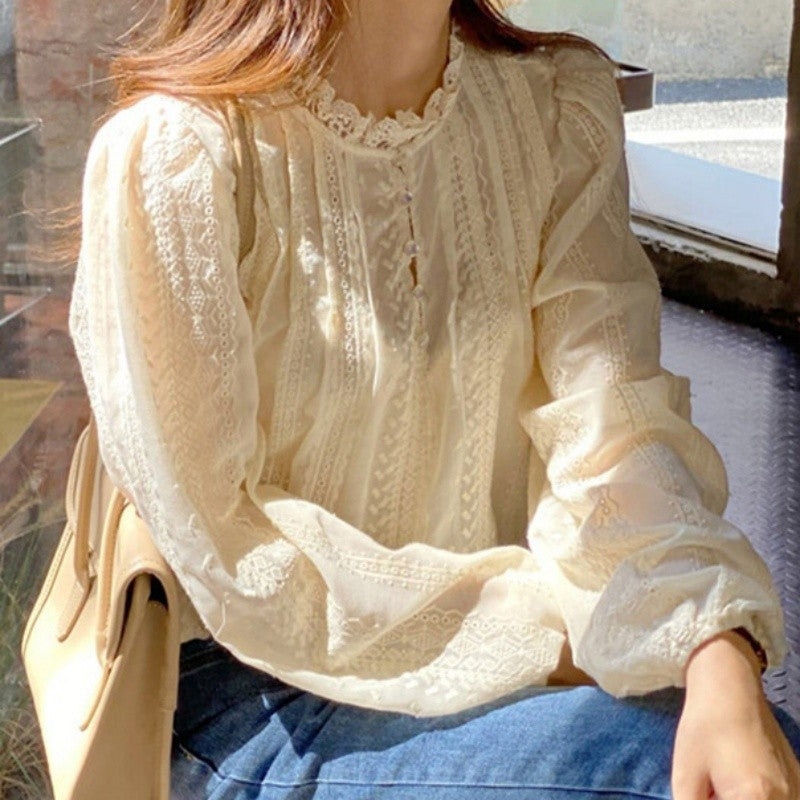 Autumn Lcae Embroidery Long Sleeve Women Blouses Office Lady ELegant Casual Button Shirts Sweet Clothing