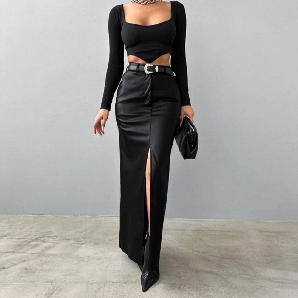 Women's Split Design Solid Color High Waist Pu Leather Skirt 2025 Spring Fall Office Lady Trendy Streetwear Long Skirts