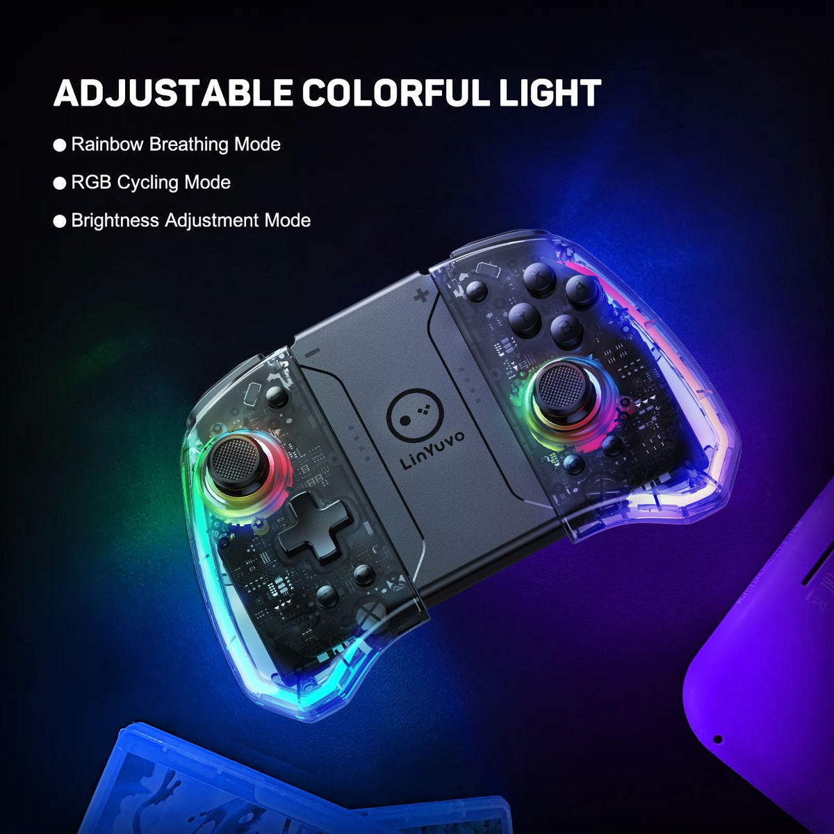 LinYuvo KS40 Transparent Wireless Gamepad for Switch/OLED with 8 Color LED,Turbo Function.Controller Joystick for Switch Lite