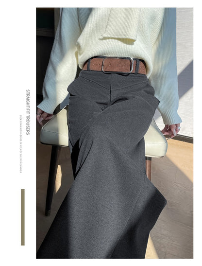 Grey Woolen Wide-leg Suit Pants Women 2025fall Winter New High-waisted Draping Straight-leg Casual Floor-length Thick Trouser