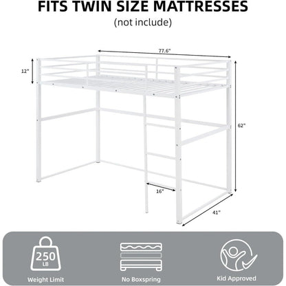 Cama Loft de Metal de Solteiro com Grades de Segurança e Escada Plana, Adequada para Crianças, Adolescentes e Adultos, Branca
