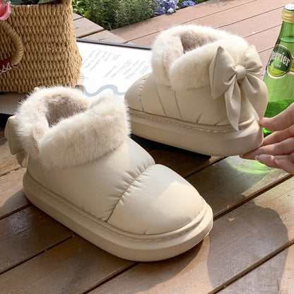Cute Warm Ankle Boots Winter Women's Bow Warmth Plush Bow Cotton Shoes 2025 New Waterproof Down Cloth Short Barrel Snow Boots