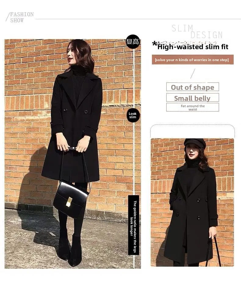 Plus Size Black Woolen Coat 2025 New Style Women's Autumn Winter Professional Mid-Length Trendy Polyester Fiber Suit Collar F...