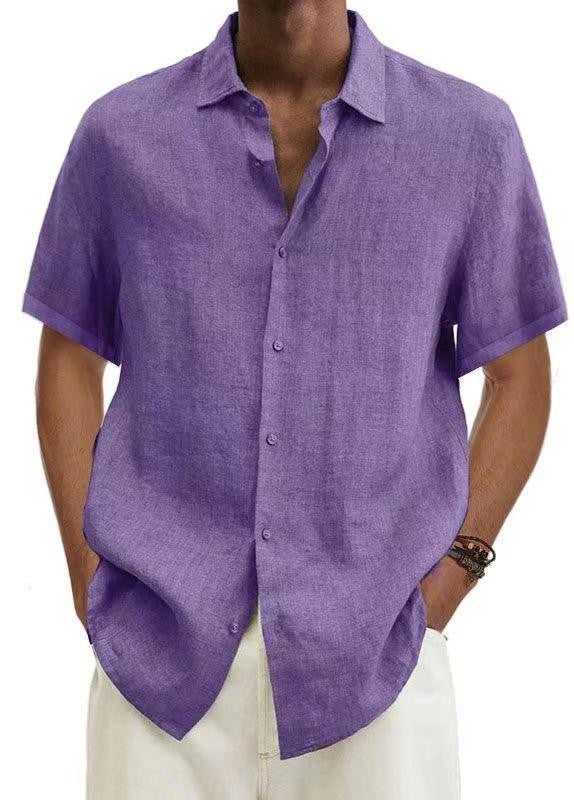 Basic Summer Men's Shirt Cotton Linen Short-sleeved Button Lapel Simple Top Casual Office Blouses for Male