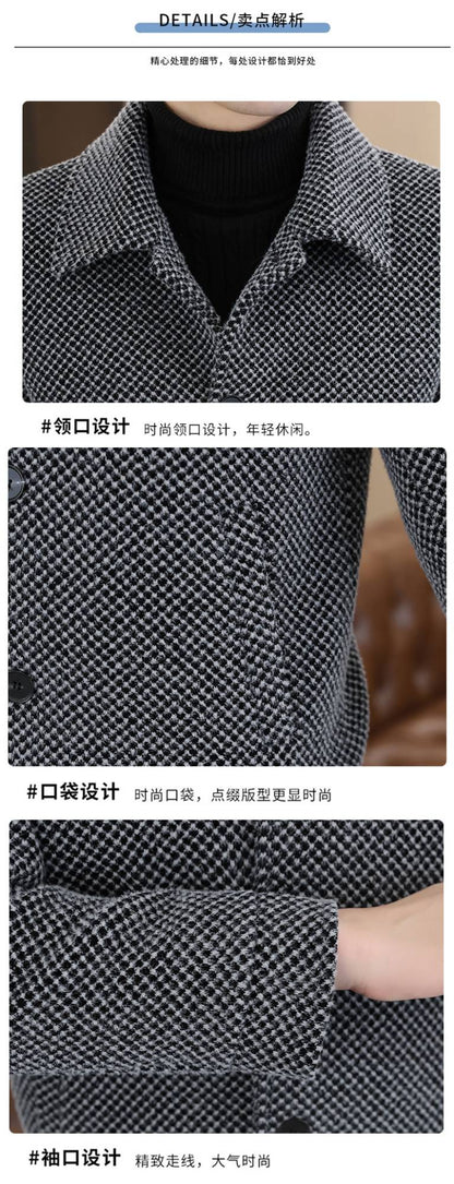 Korean Winter Woolen Jacket Men Plush and Warm Short Trench Coat Plaid Casual Business Streetwear Overcoat Social Men Clothing